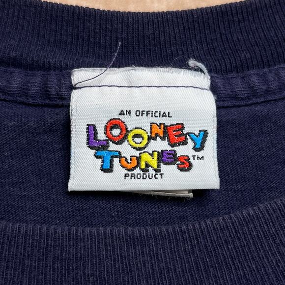 Vintage 90s Looney Tunes Bugs Bunny Plaid Spell Out Long Sleeve Shirt Navy Retro - Picture 3 of 9